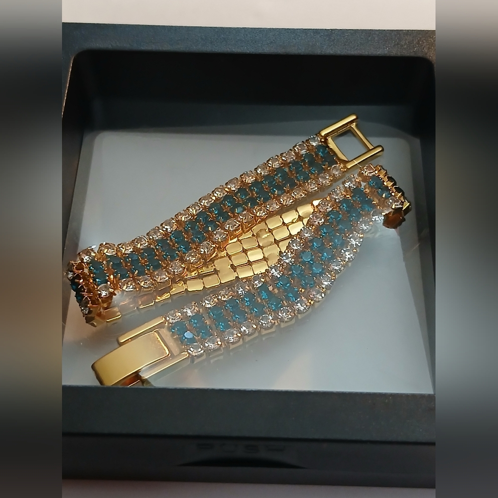 Gold-Tone Bracelet with Blue and Clear Crystals - Women Jewelry